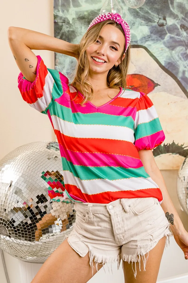 BiBi Multi Stripe Color Print Puff Sleeves V Neck Top - Image 11