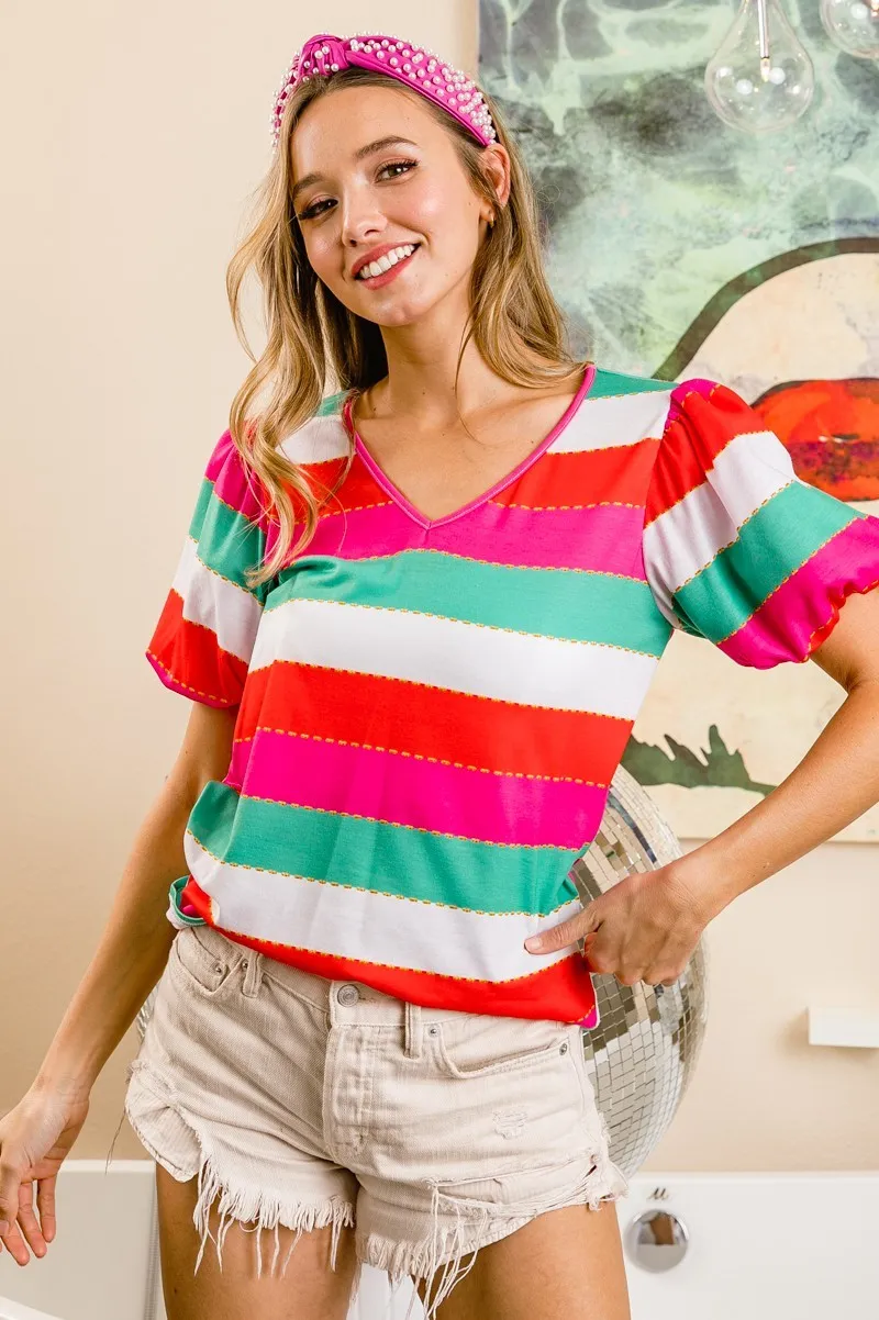 BiBi Multi Stripe Color Print Puff Sleeves V Neck Top - Image 9