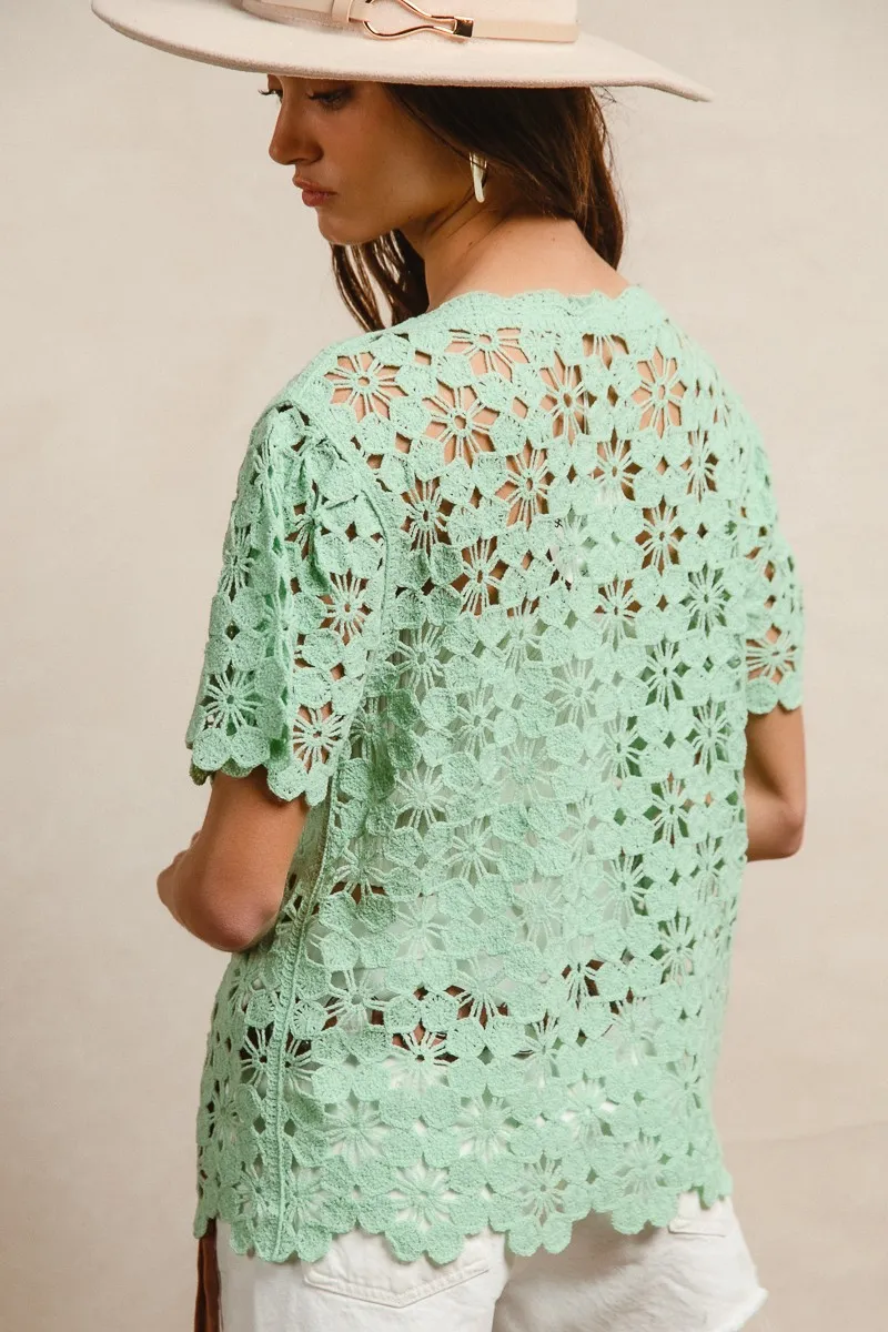 BiBi Openwork Crochet Short Sleeve Knit Top - Image 13