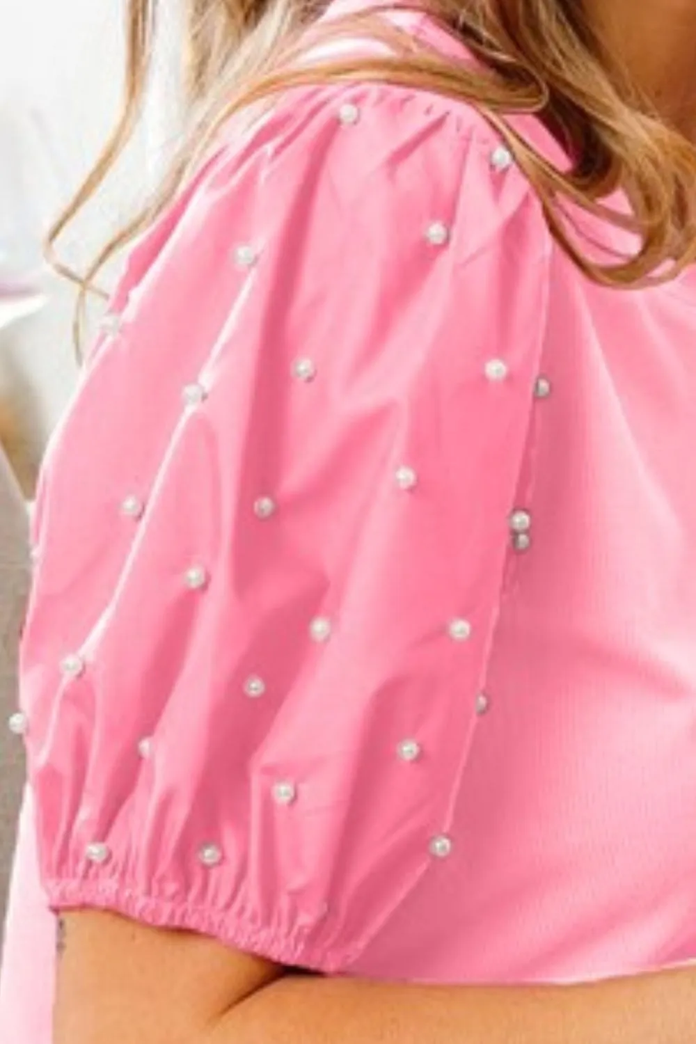 BiBi Pearl Beaded Short Puff Sleeve Top - Image 3