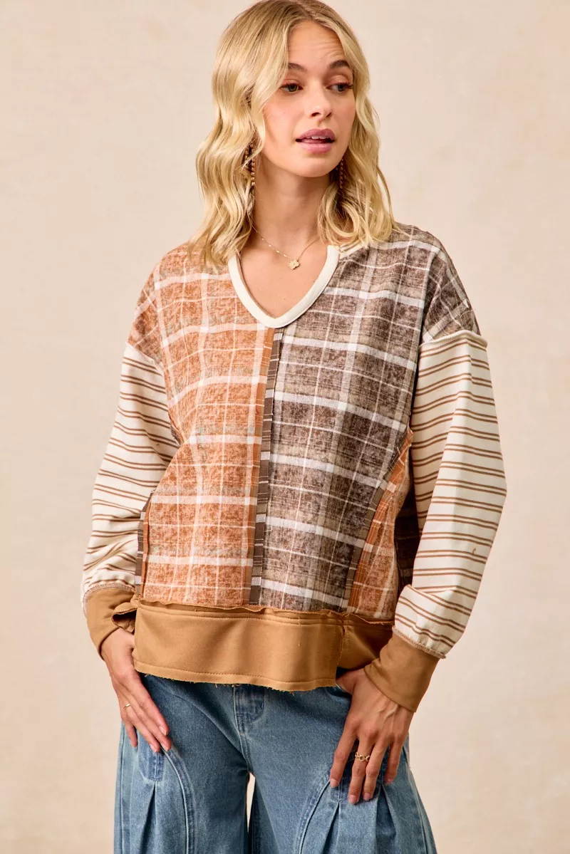 BiBi Plaid And Stripe Mix And Match Top With Open Seam - Image 8