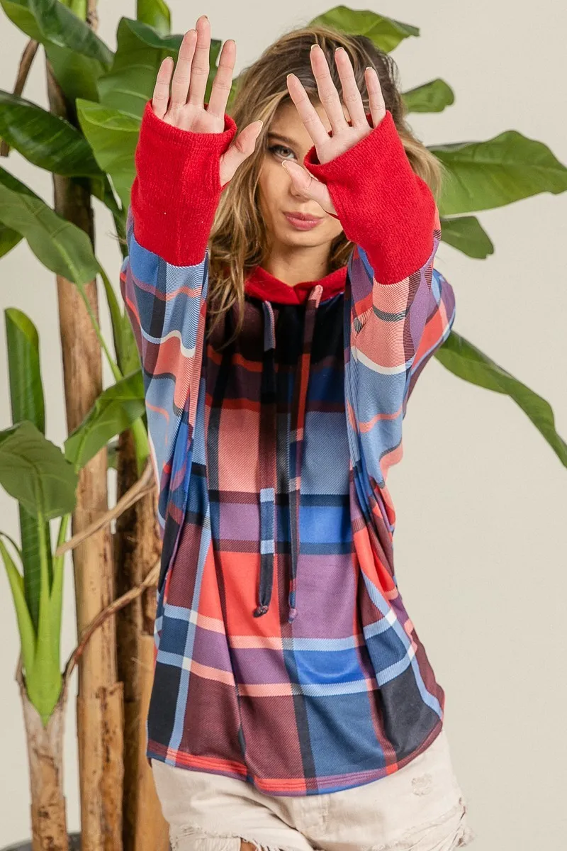 BiBi Plaid Mirr Brushed Rib Contrast Thumb Open Hoodie - Image 4