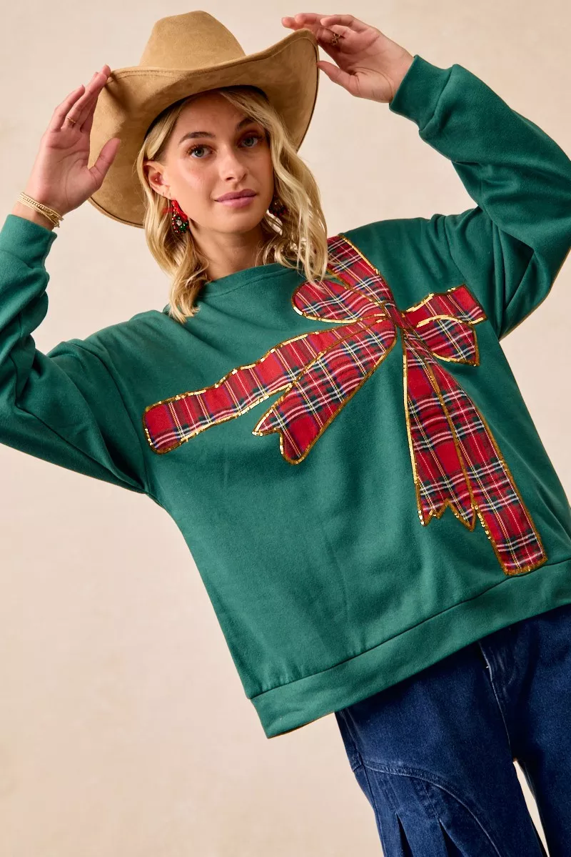 BiBi Plaid Ribbon Bow Detail Christmas Fleece Pullover - Image 13