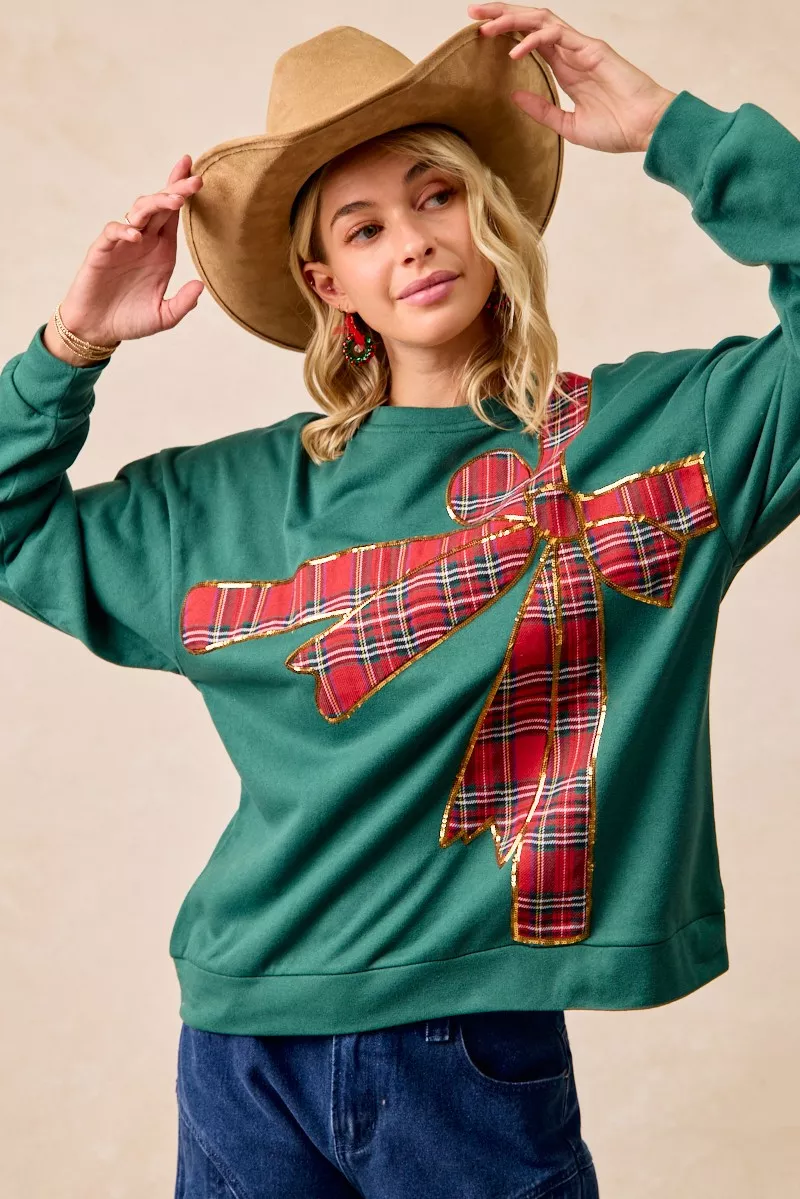 BiBi Plaid Ribbon Bow Detail Christmas Fleece Pullover - Image 14