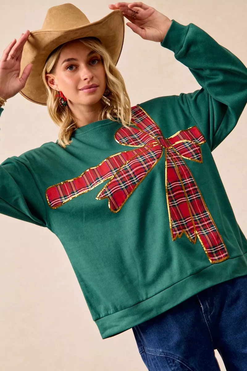 BiBi Plaid Ribbon Bow Detail Christmas Fleece Pullover - Image 2