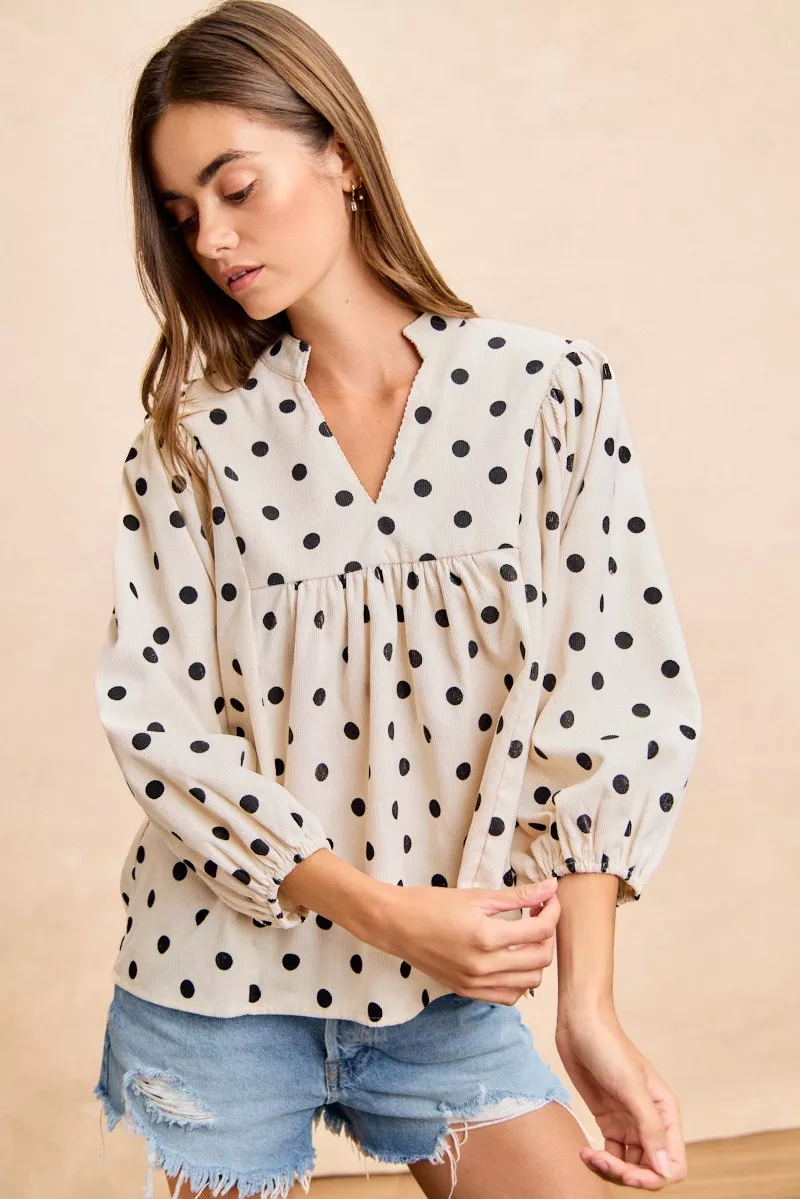 BiBi Polka Dot Corduroy Quarter Sleeves V Neck Blouse - Image 3