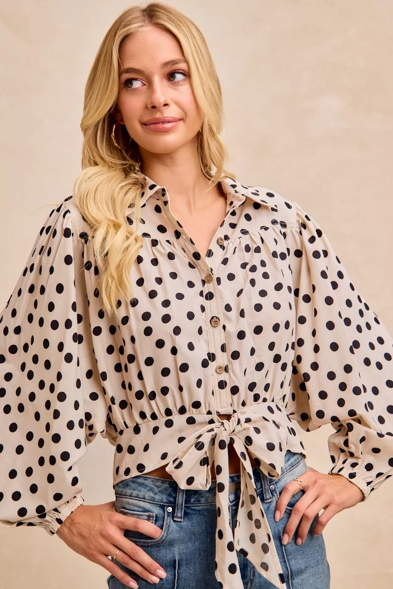 BiBi Polka Dot Print Tie Hem Detail Crop Shirt - Image 12