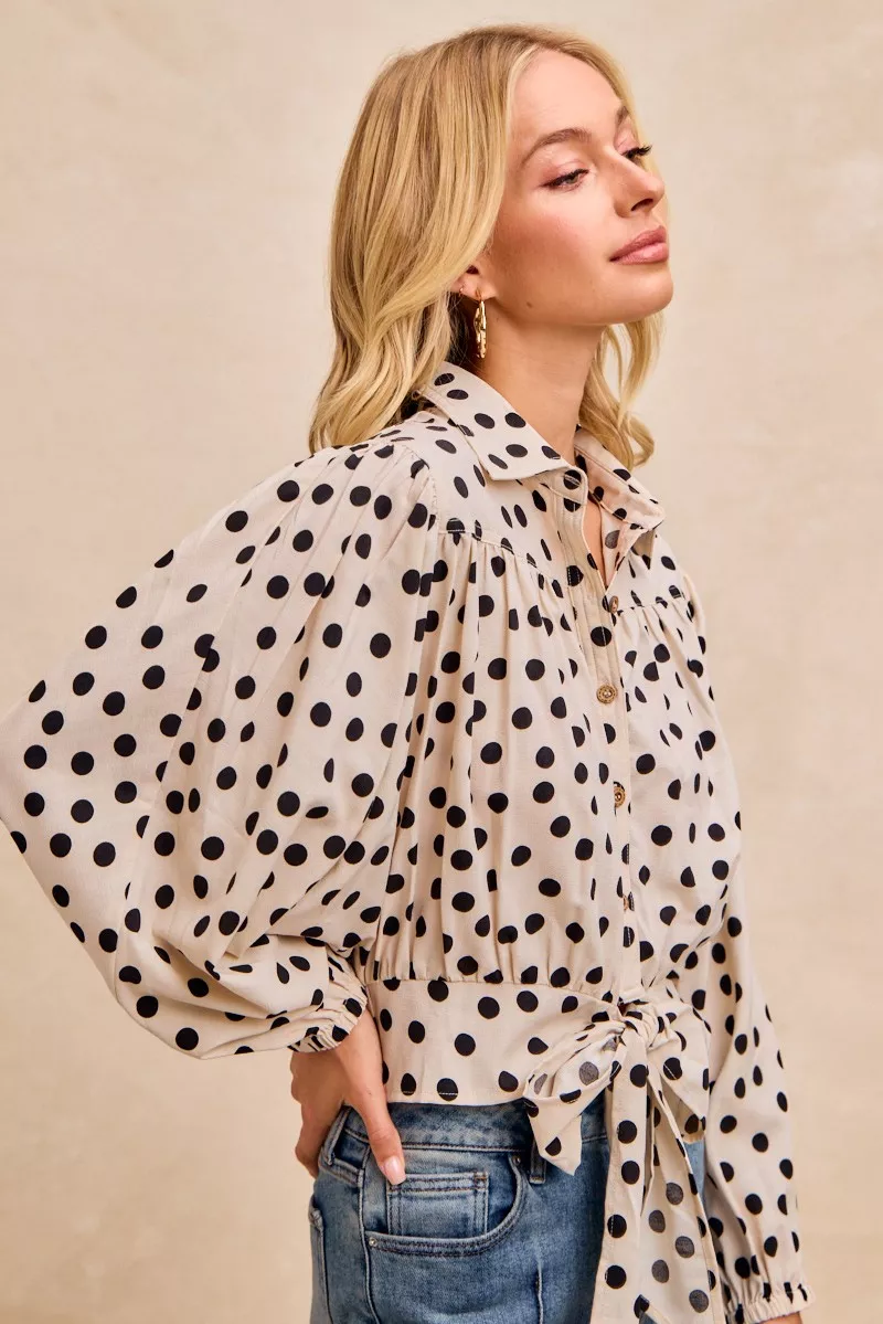 BiBi Polka Dot Print Tie Hem Detail Crop Shirt - Image 5