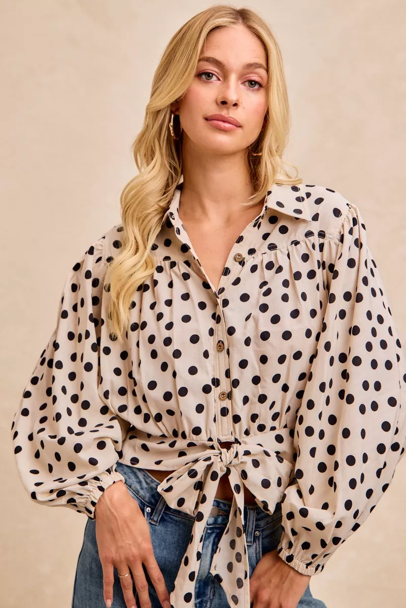 BiBi Polka Dot Print Tie Hem Detail Crop Shirt - Image 6