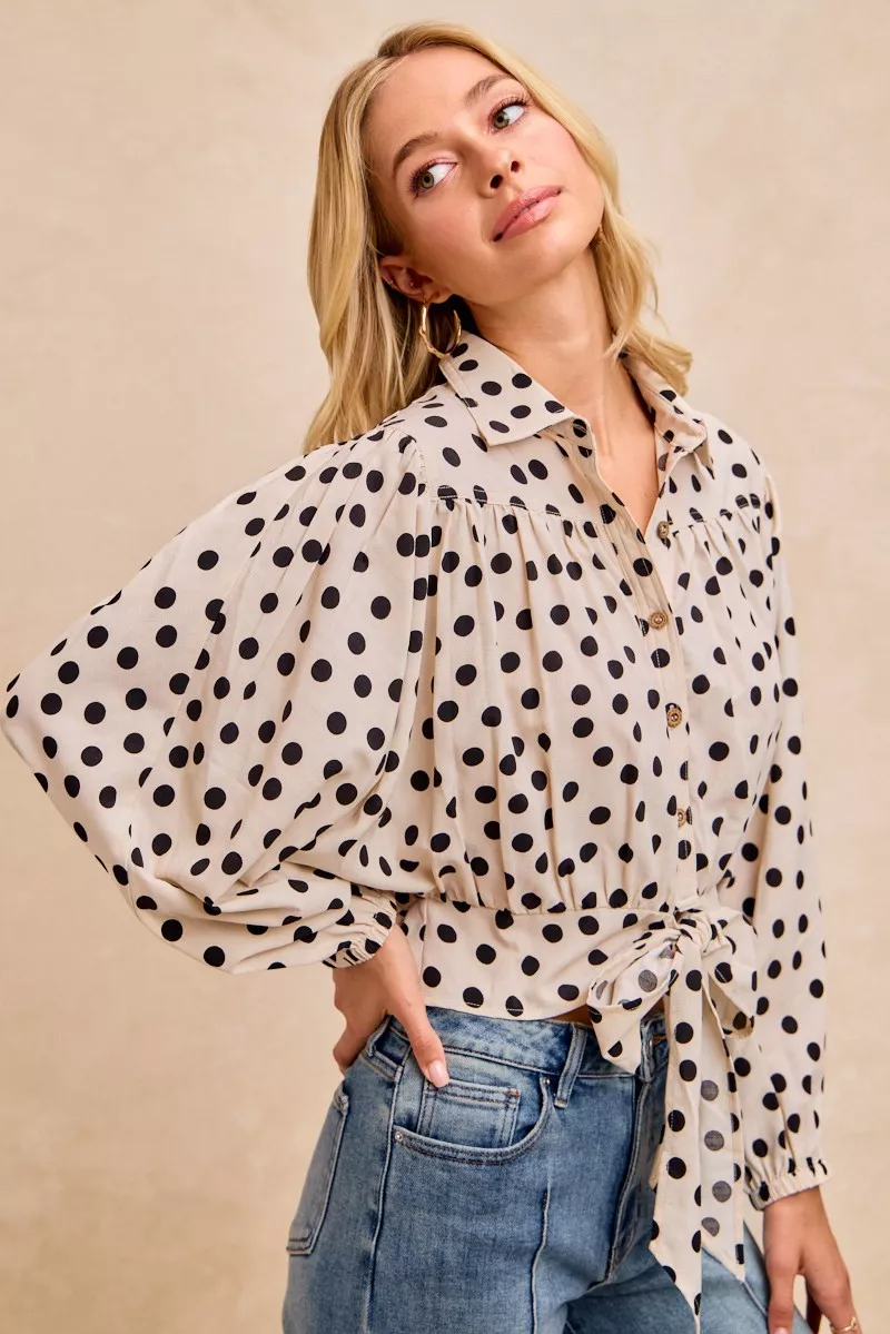 BiBi Polka Dot Print Tie Hem Detail Crop Shirt - Image 7