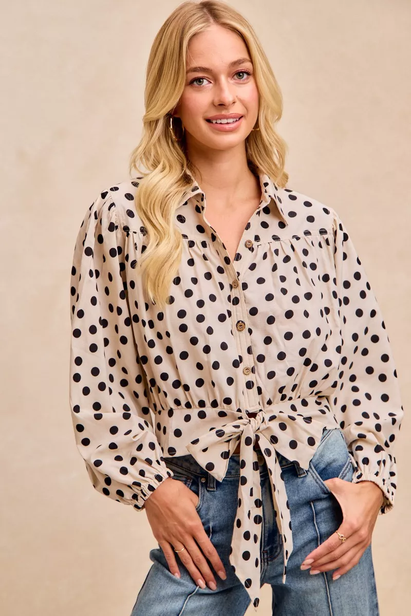 BiBi Polka Dot Print Tie Hem Detail Crop Shirt - Image 8