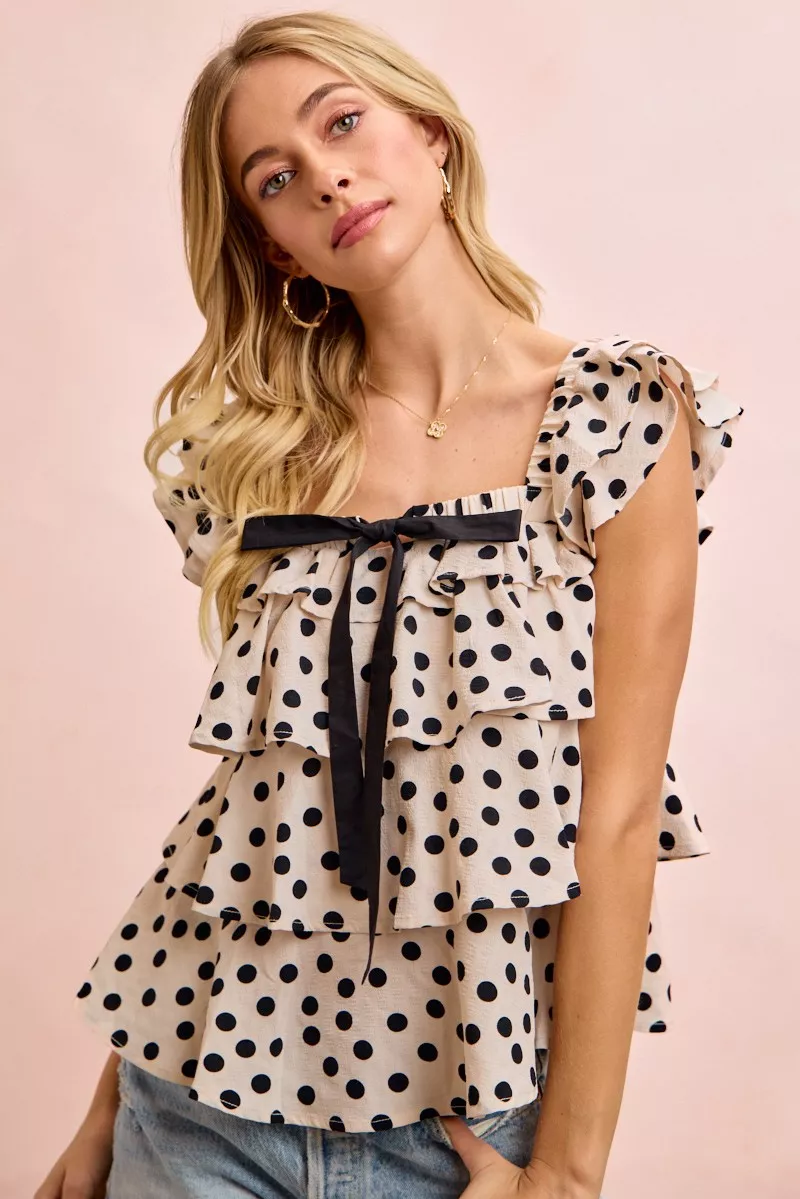 BiBi Polka Dot Ruffled Bow Tied Square Neck Sleeveless Top - Image 8