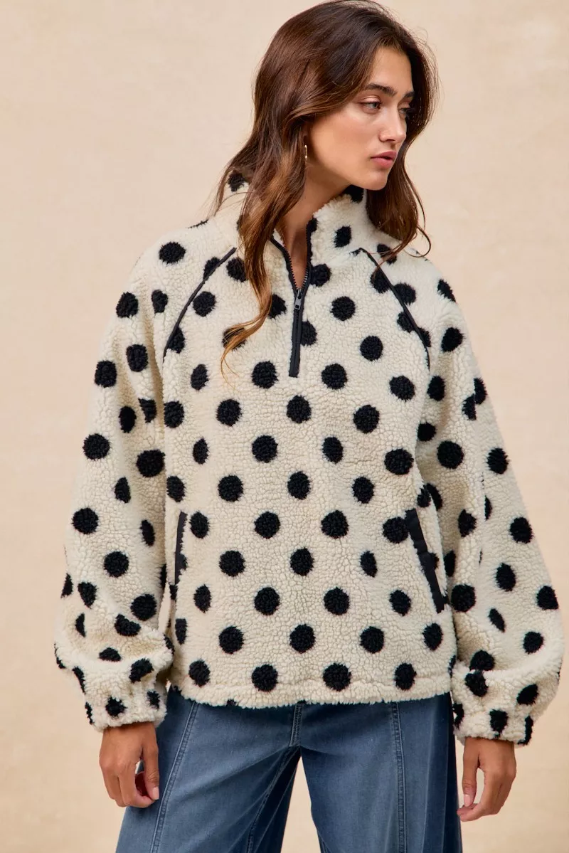 BiBi Polka Dot Sherpa Half Zip Up Top with Side Pocket - Image 11