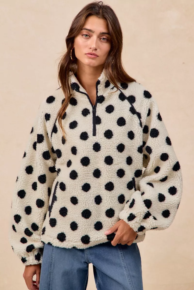 BiBi Polka Dot Sherpa Half Zip Up Top with Side Pocket - Image 12
