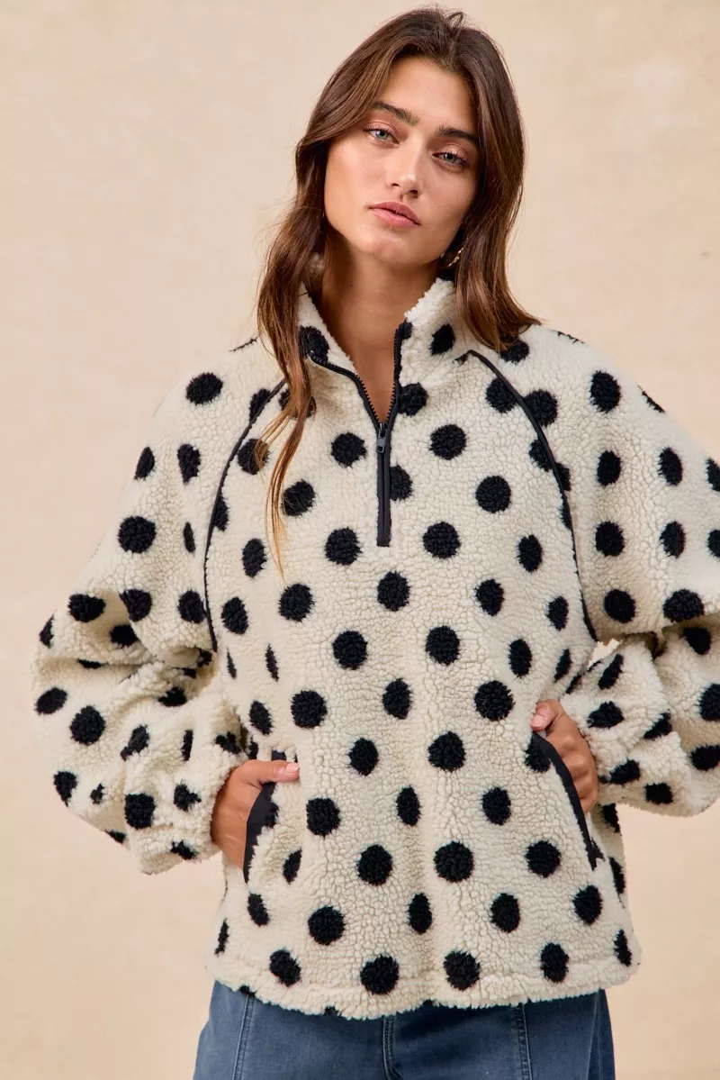BiBi Polka Dot Sherpa Half Zip Up Top with Side Pocket - Image 14