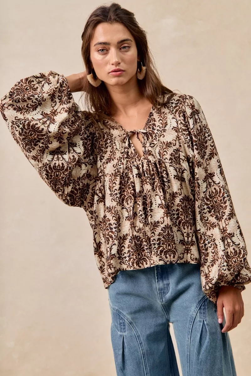 BiBi Printed Woven Front Tied Blouse with Baloon Sleeve - Image 13