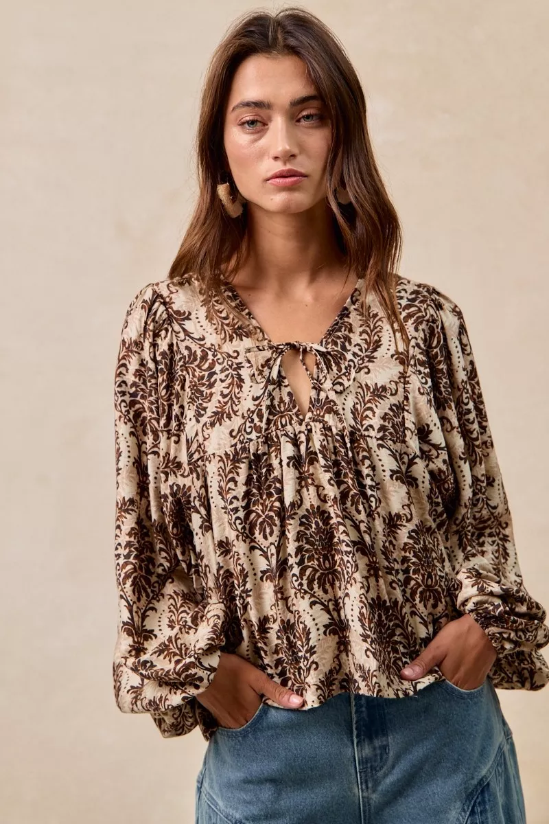 BiBi Printed Woven Front Tied Blouse with Baloon Sleeve - Image 5