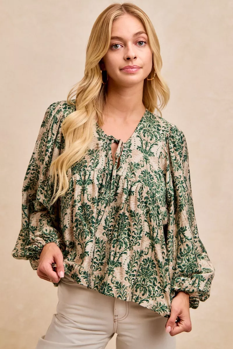 BiBi Printed Woven Front Tied Blouse with Baloon Sleeve