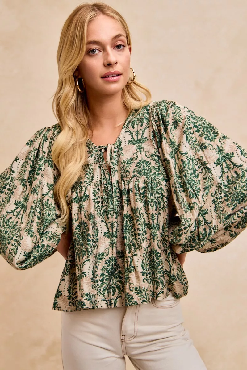 BiBi Printed Woven Front Tied Blouse with Baloon Sleeve - Image 13