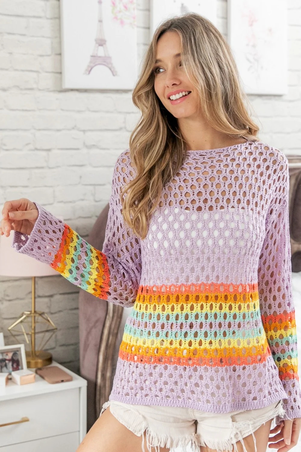 BiBi Rainbow Stripe Hollow Out Cover Up - Image 3