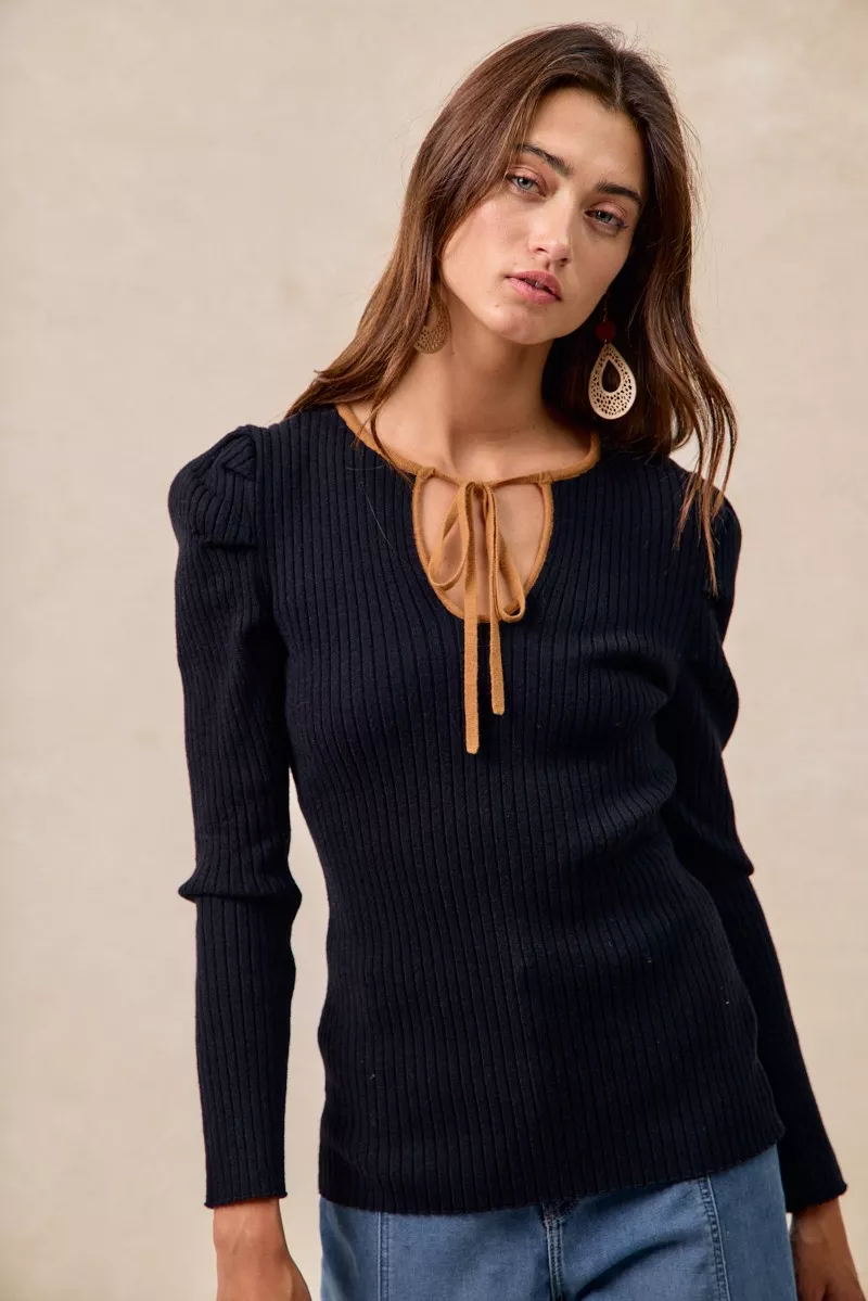 BiBi Ribbed Contrast Front Tied Top with Shrried - Image 11