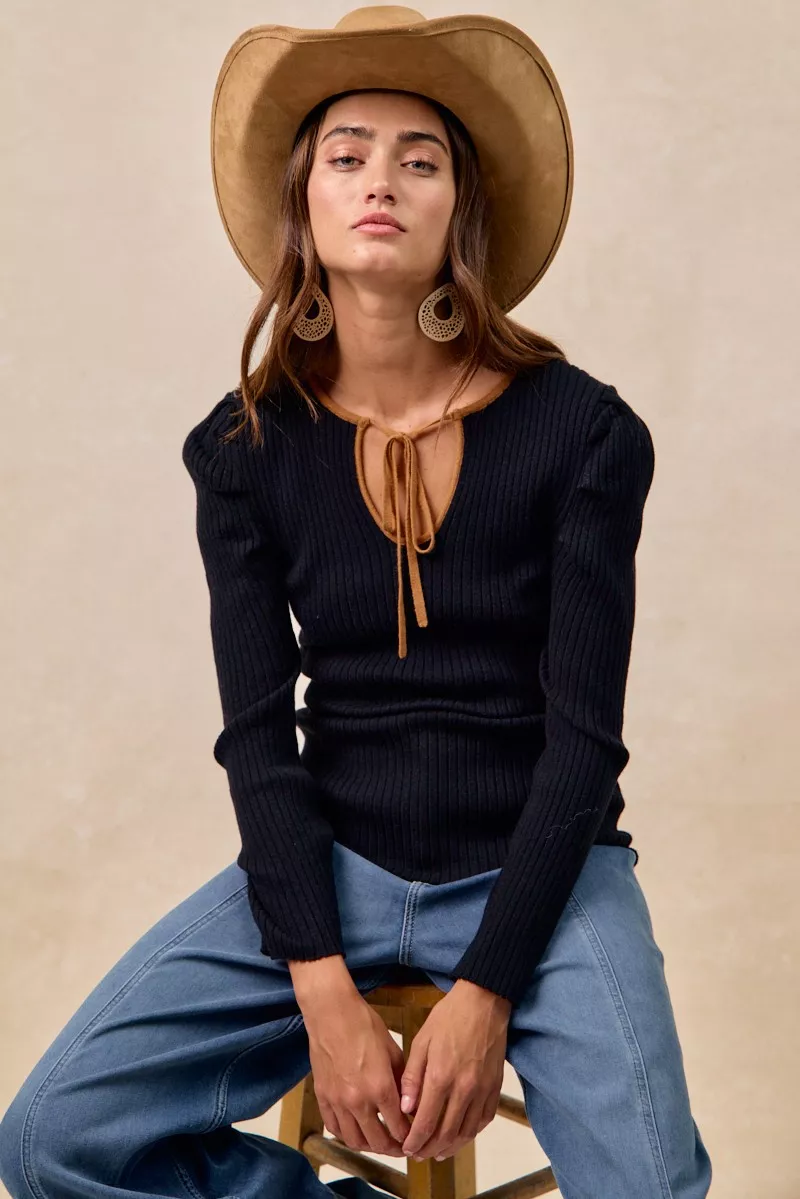 BiBi Ribbed Contrast Front Tied Top with Shrried - Image 12