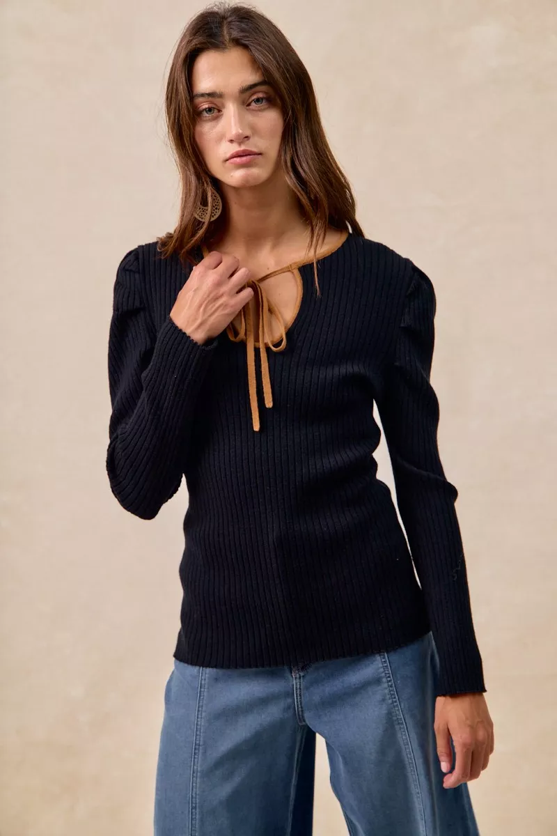 BiBi Ribbed Contrast Front Tied Top with Shrried - Image 14
