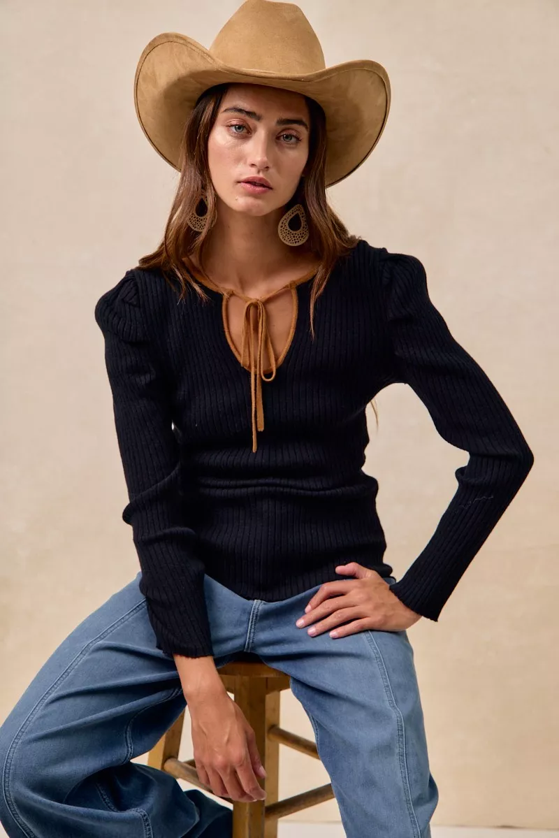 BiBi Ribbed Contrast Front Tied Top with Shrried - Image 4