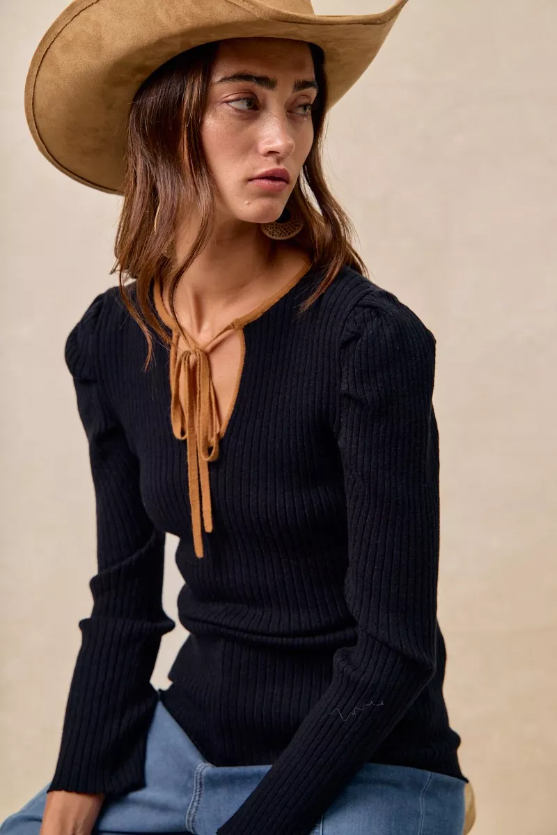 BiBi Ribbed Contrast Front Tied Top with Shrried - Image 6