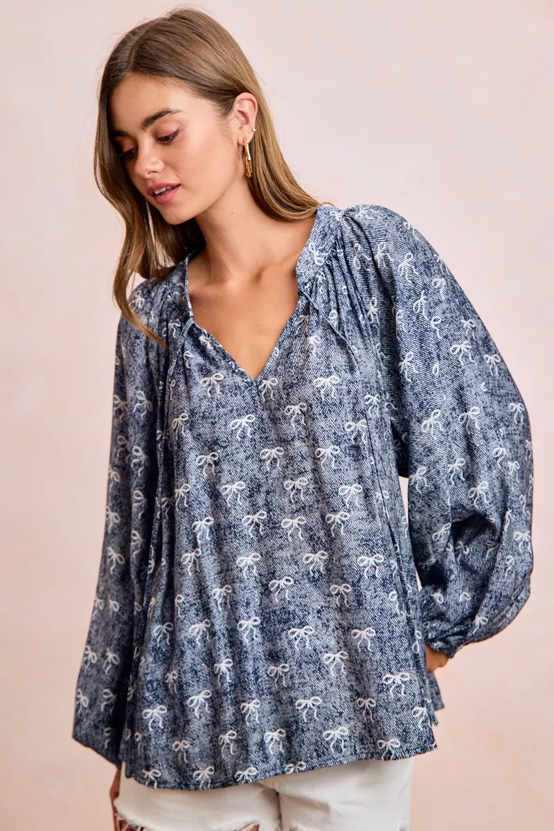 BiBi Ribbon Bow Print Exaggerated Balloon Sleeves Top - Image 15