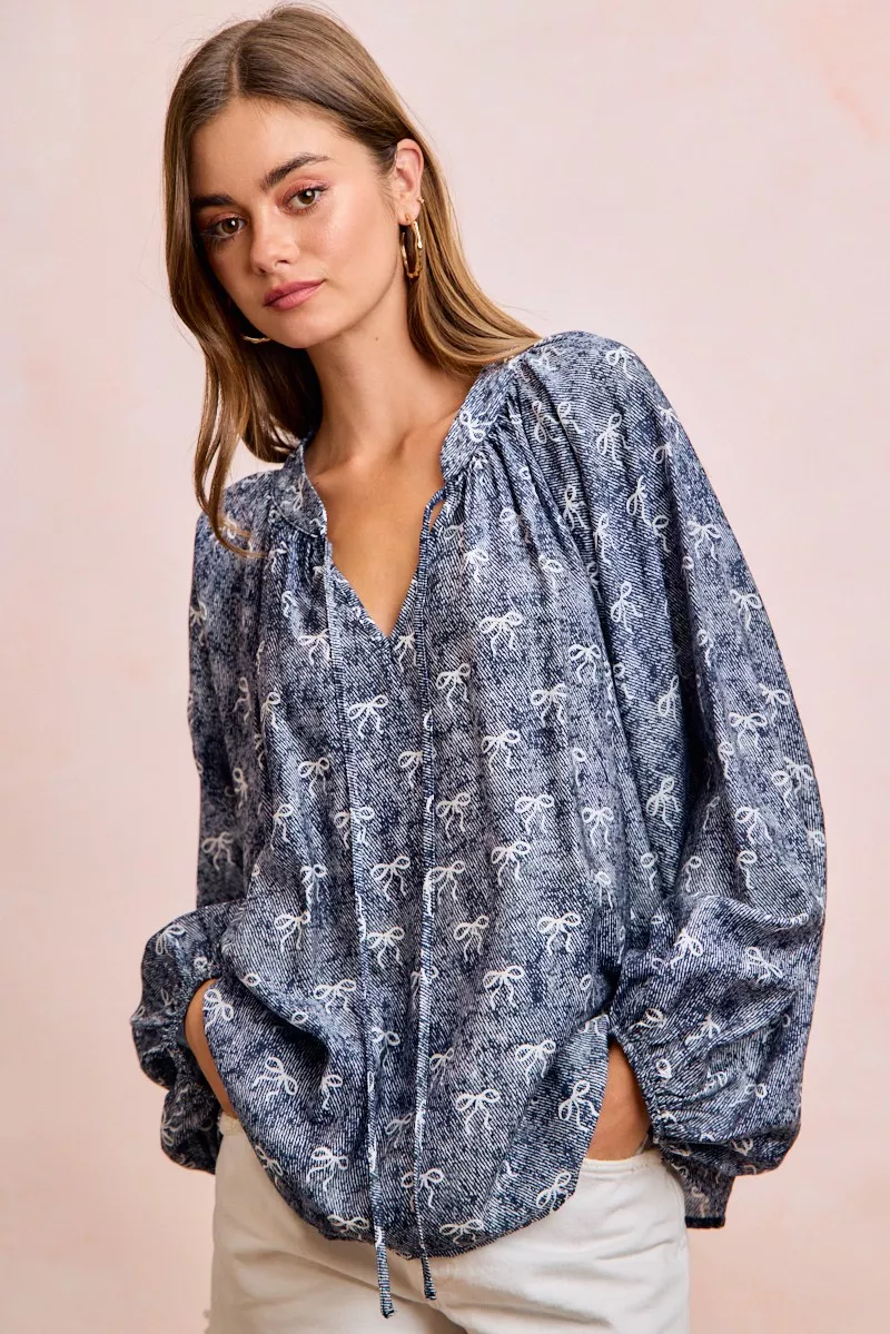 BiBi Ribbon Bow Print Exaggerated Balloon Sleeves Top - Image 2