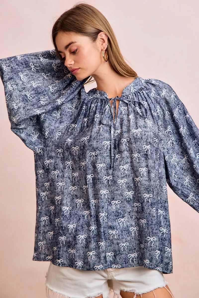 BiBi Ribbon Bow Print Exaggerated Balloon Sleeves Top - Image 8