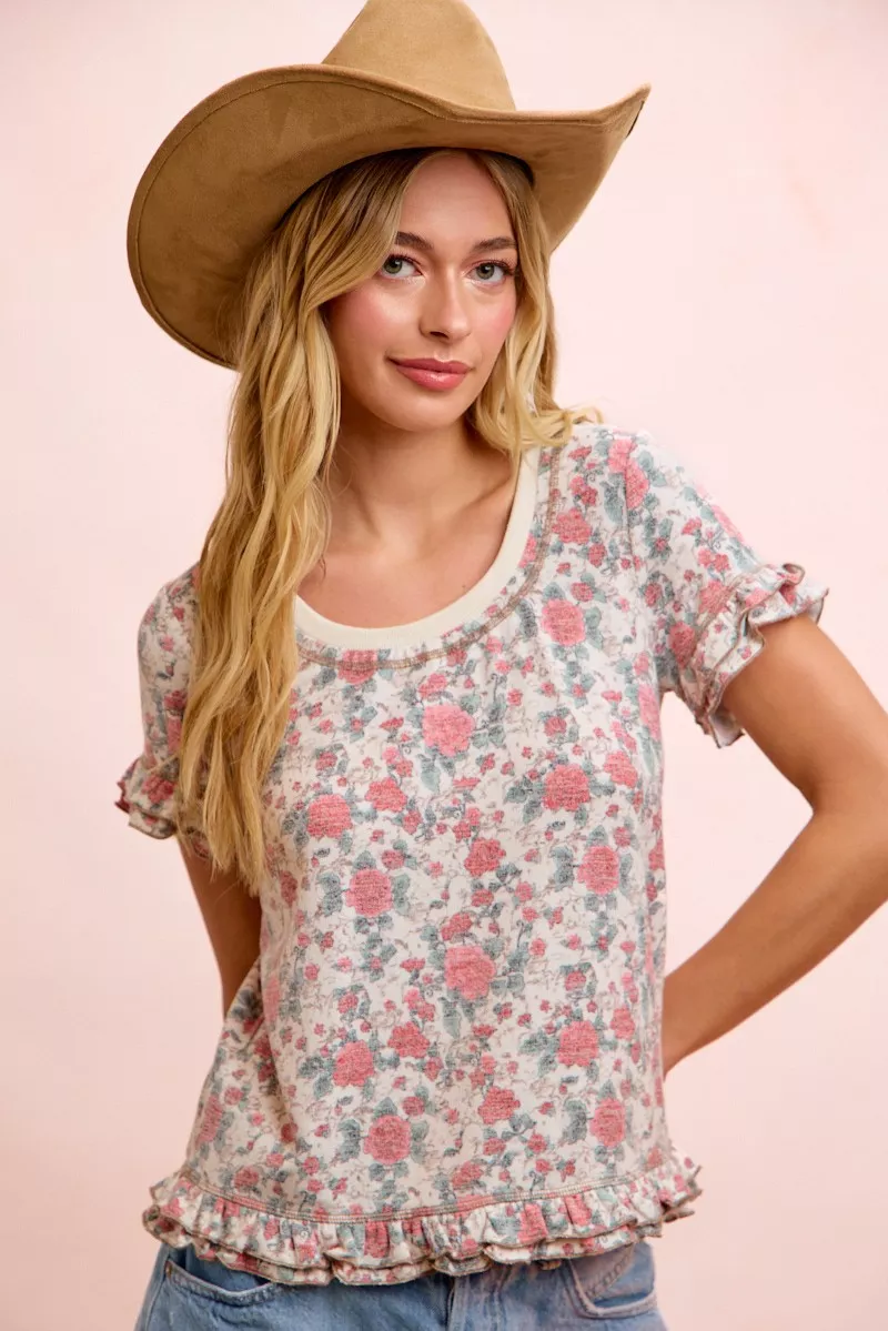 BiBi Rose Printed Slub Knit Ruffled Sleeves Top - Image 5