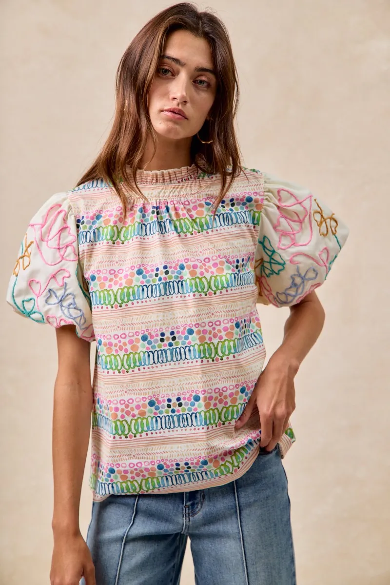 BiBi Ruffle Neckline Blouse With Embroidery Bubble Sleeve - Image 15