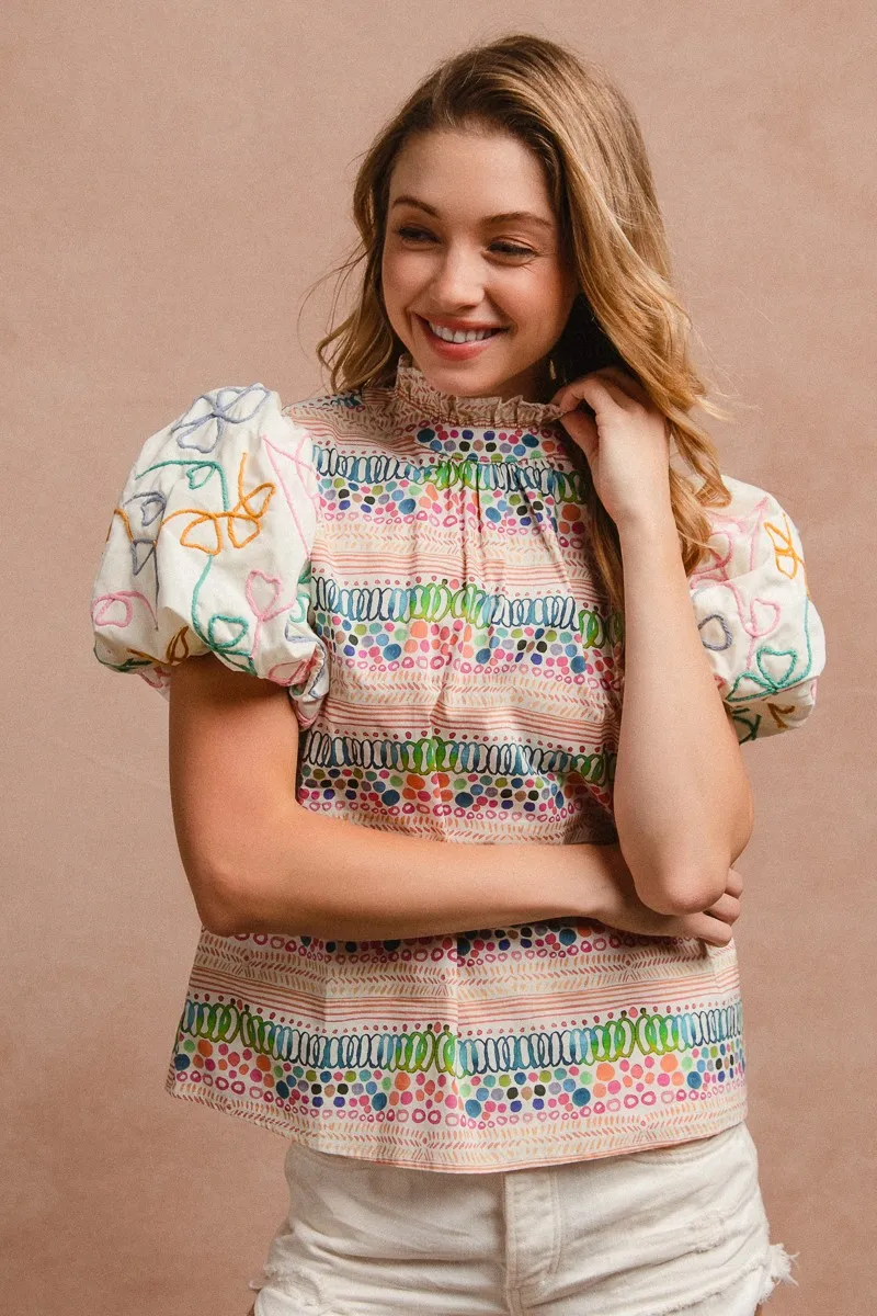 BiBi Ruffle Neckline Blouse With Embroidery Bubble Sleeve - Image 16