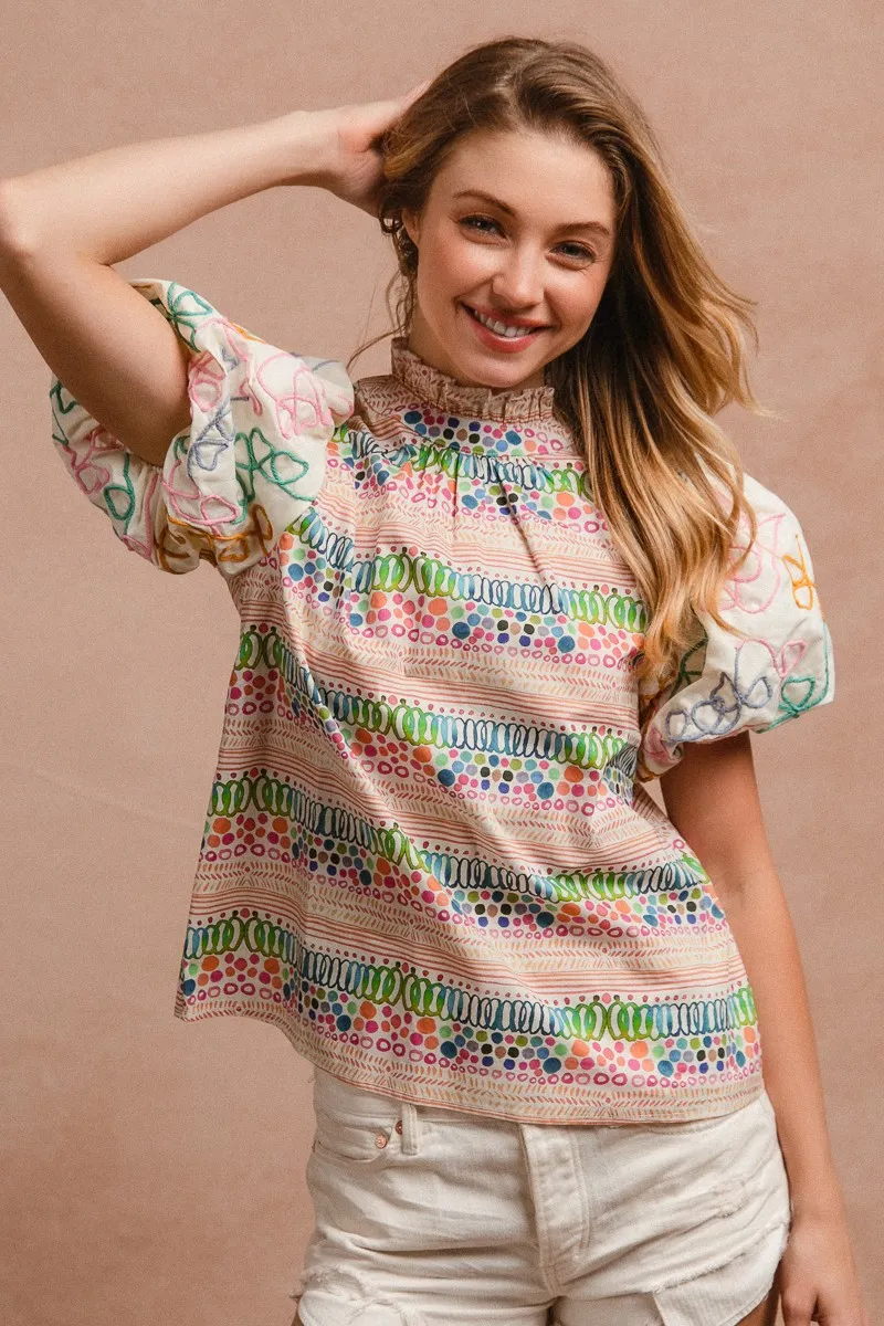 BiBi Ruffle Neckline Blouse With Embroidery Bubble Sleeve - Image 2