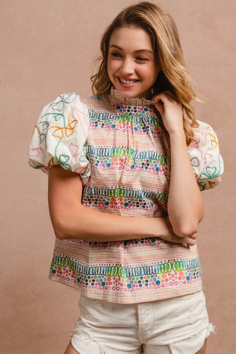 BiBi Ruffle Neckline Blouse With Embroidery Bubble Sleeve - Image 24