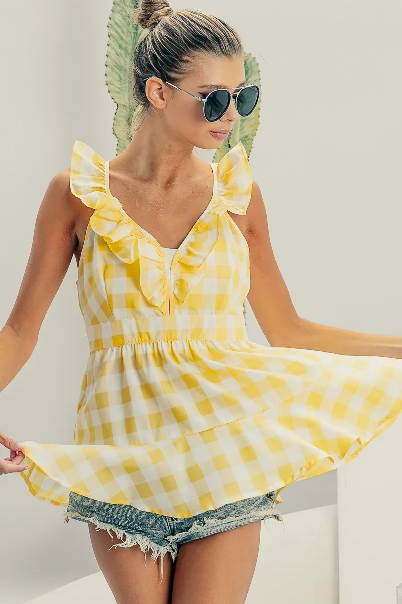 BiBi Ruffled Neckline Sleeveless Check Plaid Peplum Top - Image 3