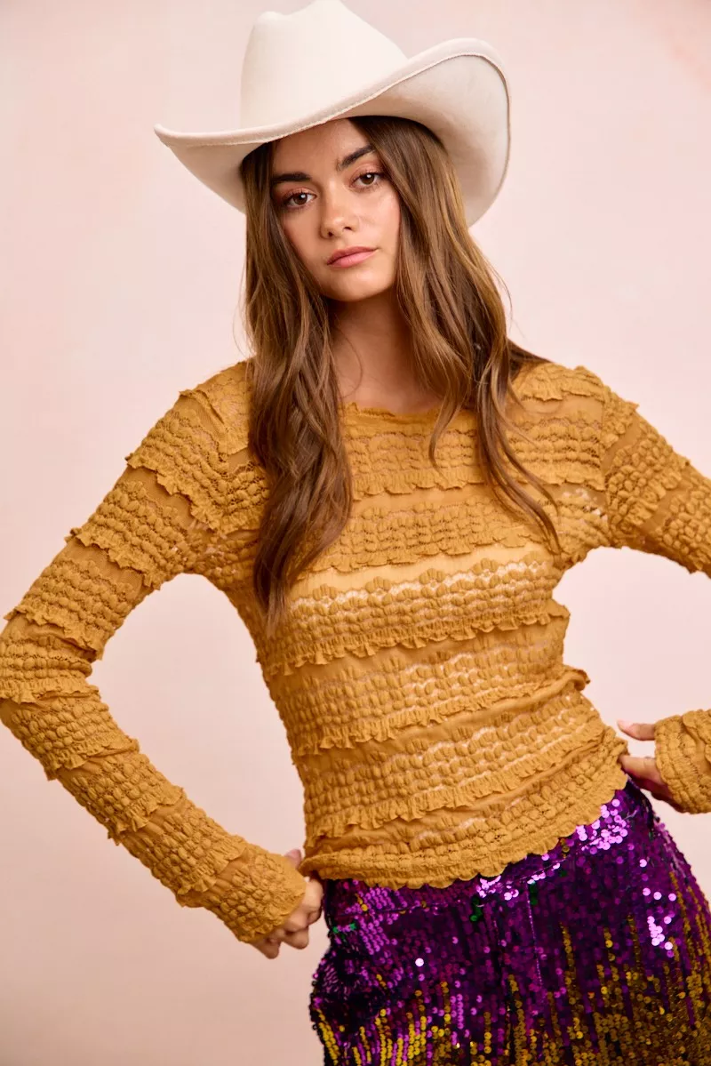 BiBi Ruffles Detail Mardi Gras Color Flower Lace Top - Image 4