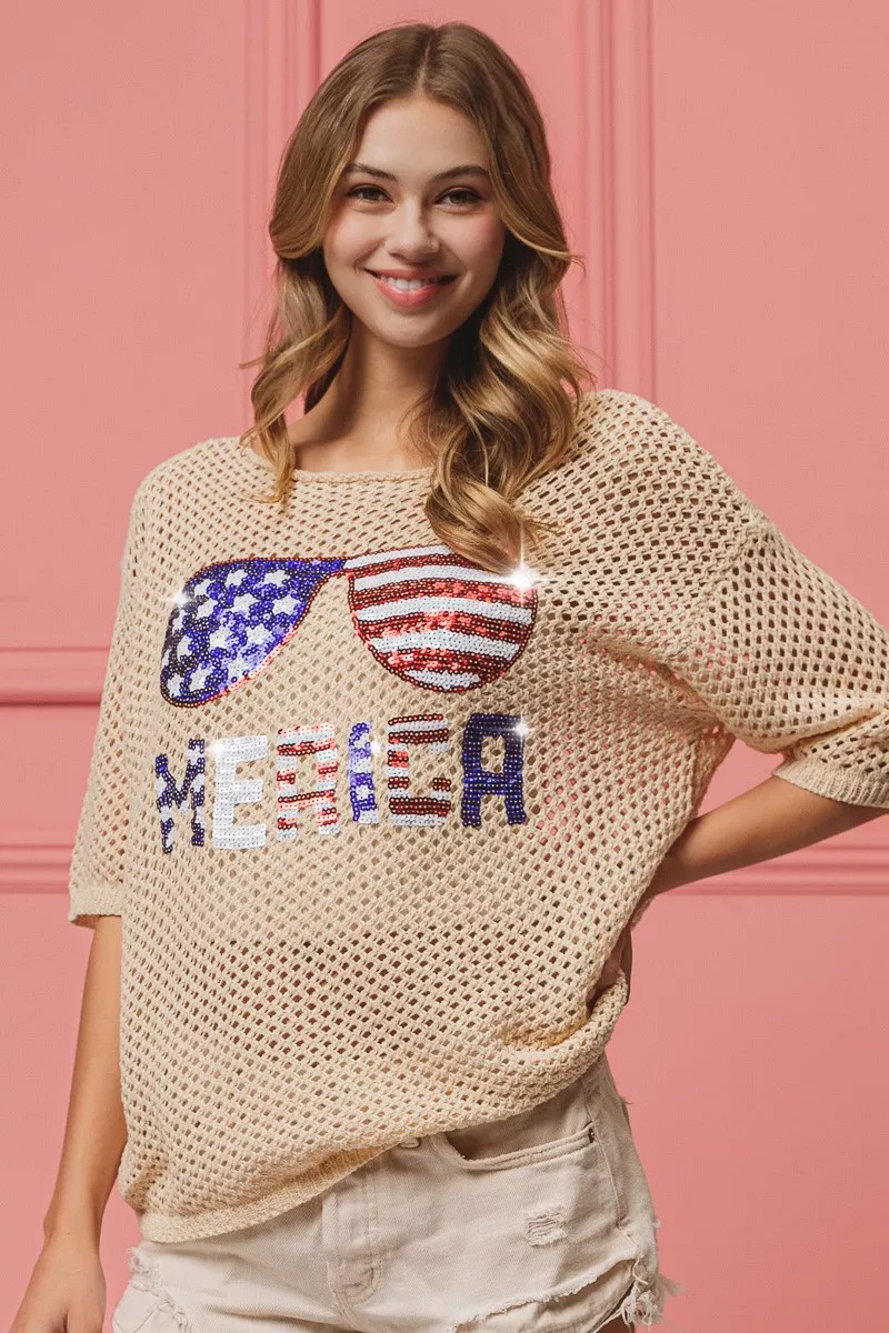 BiBi Sequin American Flag Sunglasses Knit Cover Up - Image 4