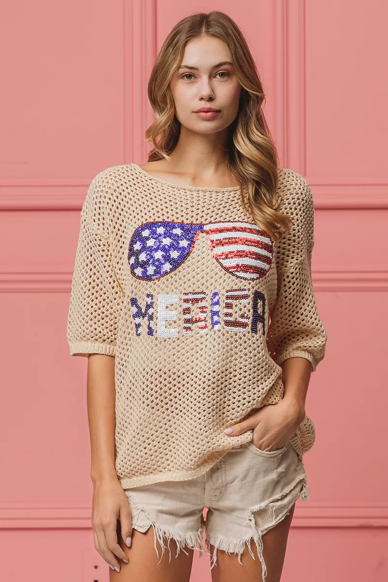 BiBi Sequin American Flag Sunglasses Knit Cover Up - Image 7