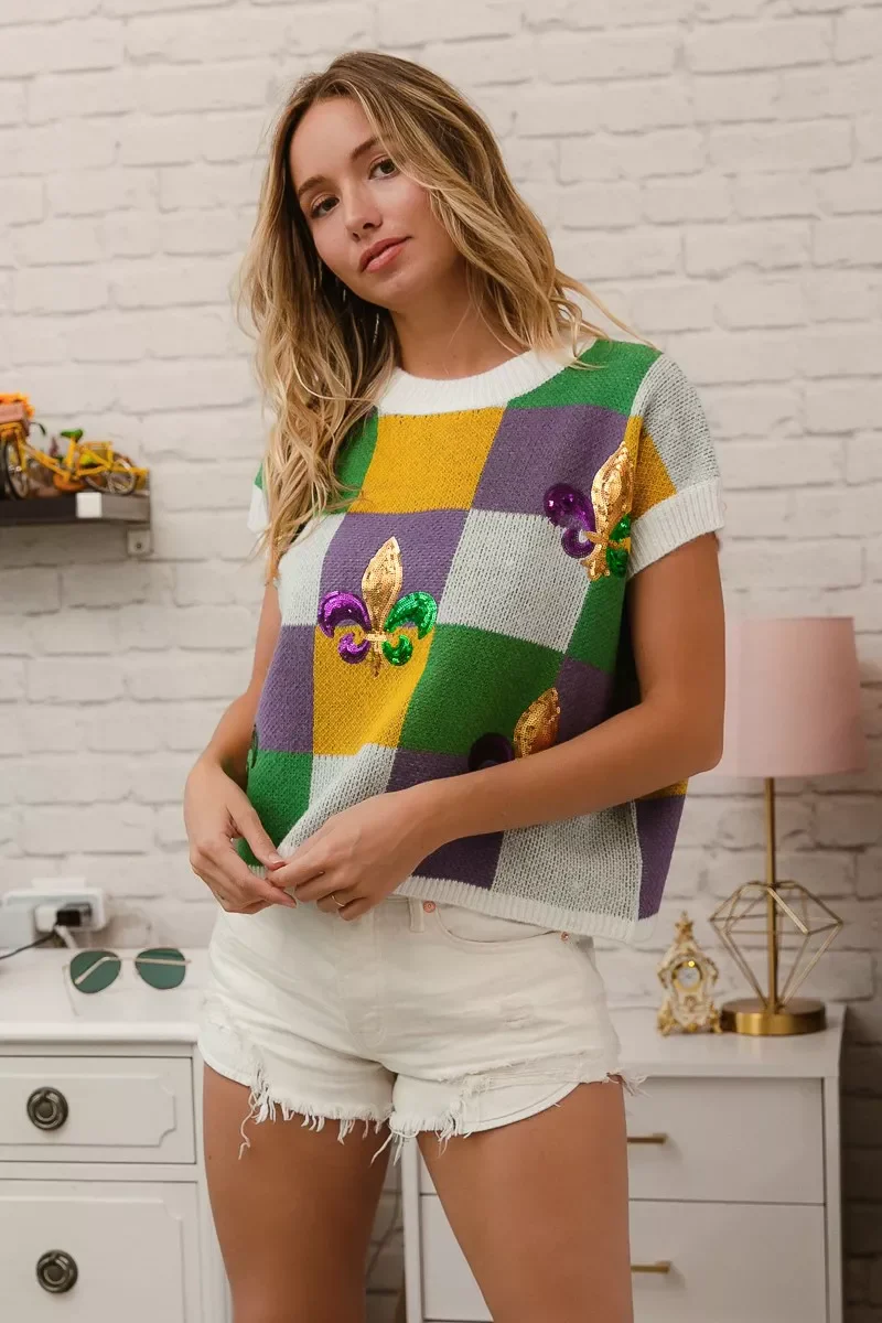 BiBi Sequin Embroidery Mardi Gras Checker Sweater Top - Image 11
