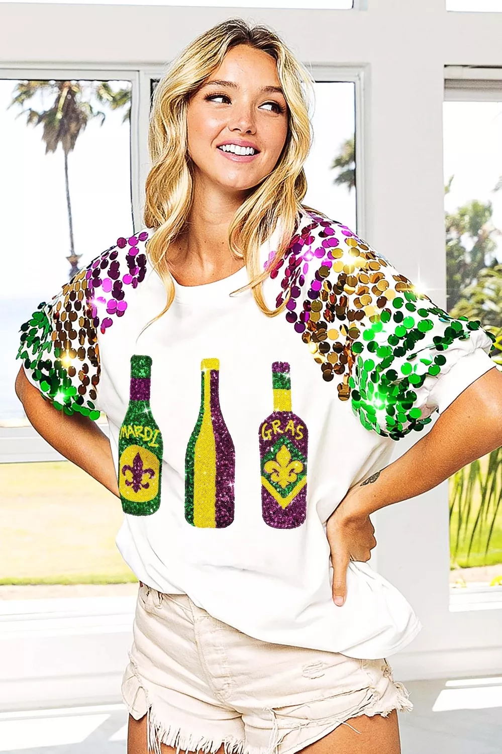 BiBi Sequin Mardi Gras Bottles Spangled Sleeve Top - Image 3