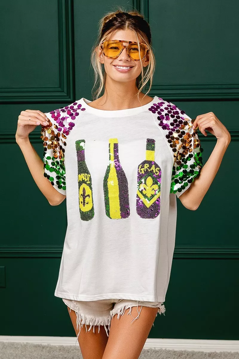 BiBi Sequin Mardi Gras Bottles Spangled Sleeve Top - Image 4