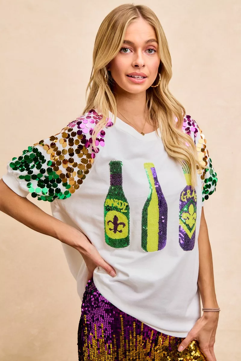 BiBi Sequin Mardi Gras Bottles Spangled Sleeve Top - Image 5