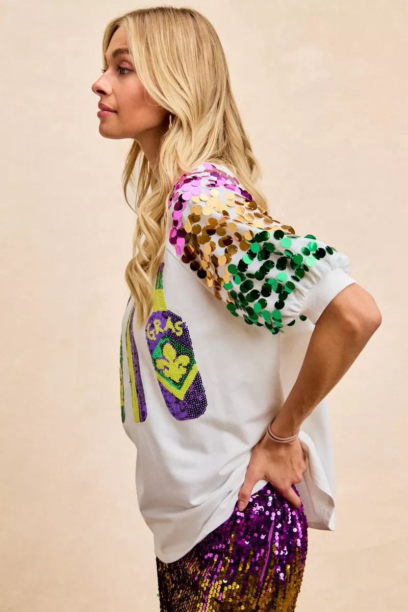 BiBi Sequin Mardi Gras Bottles Spangled Sleeve Top - Image 6