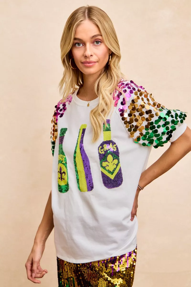 BiBi Sequin Mardi Gras Bottles Spangled Sleeve Top - Image 7