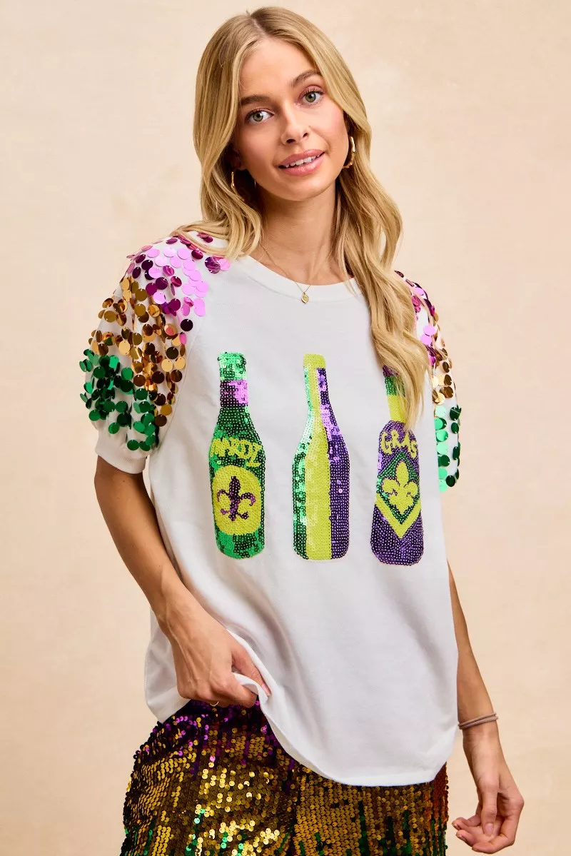 BiBi Sequin Mardi Gras Bottles Spangled Sleeve Top - Image 8