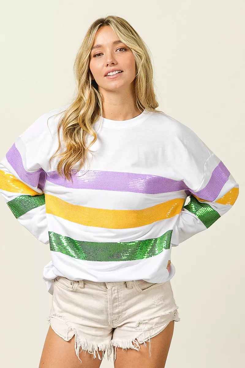 BiBi Sequin Mardi Gras Striped Round Neck Sweatshirt - Image 15