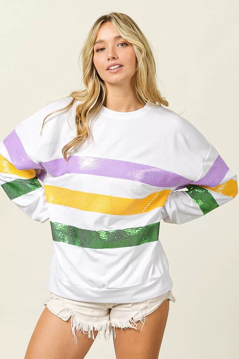 BiBi Sequin Mardi Gras Striped Round Neck Sweatshirt - Image 6